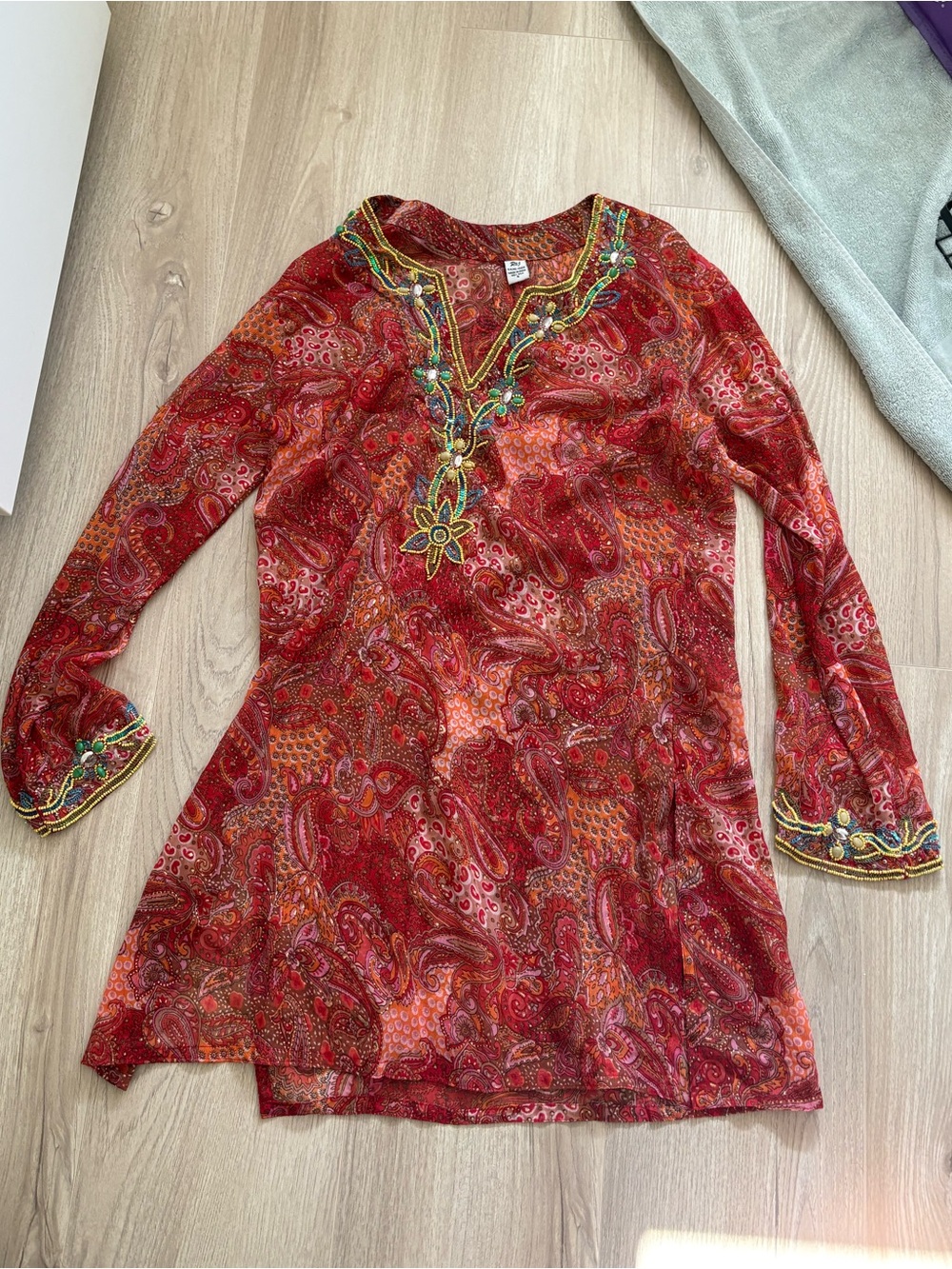 100% silk Red Paisley Embroidered Tunic